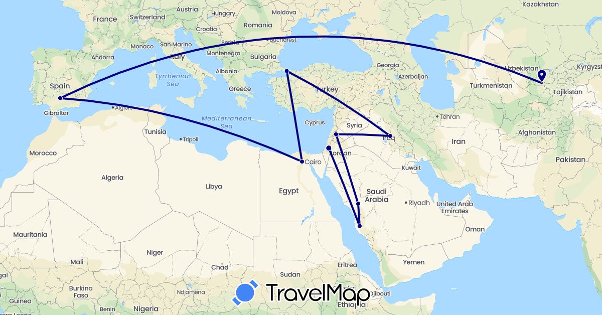 TravelMap itinerary: driving in Egypt, Spain, Israel, Iraq, Saudi Arabia, Syria, Turkey, Uzbekistan (Africa, Asia, Europe)